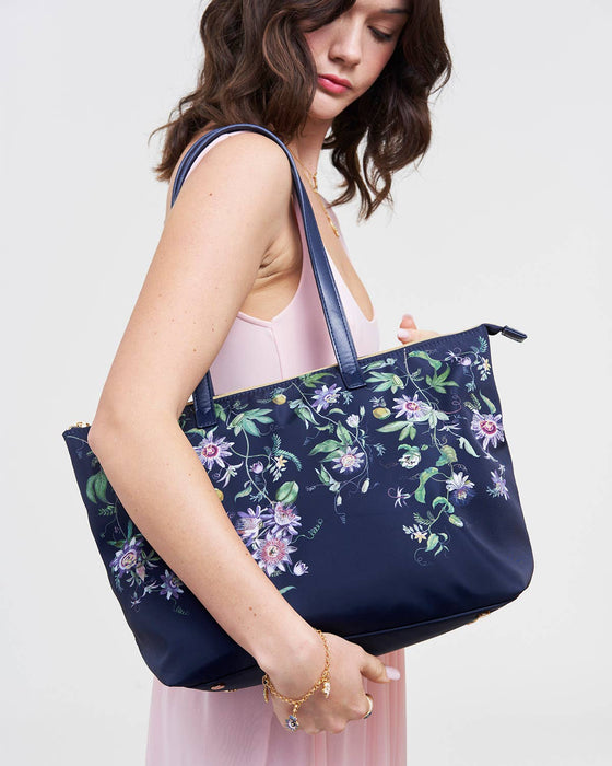 Navy Floral Grab Tote Bag – Passion Flower Print Shoulder Handbag with Zip Closure | Large Everyday Work & Travel Tote