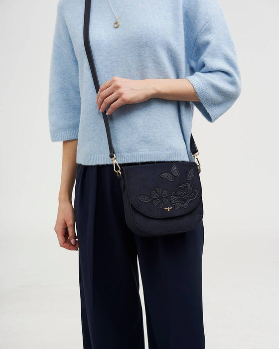 Fable England Navy Floral Suedette Saddle Bag | Beth Crossbody Purse