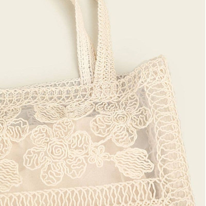 PEACH ACCESSORIES - Cream Embroidered Lace Summer Floral Tote Bag