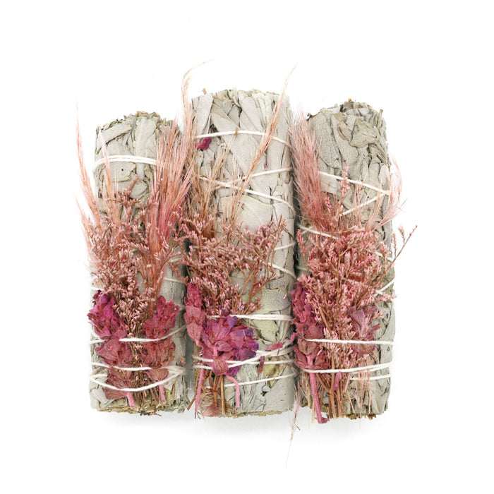 4” Organic White Sage Smudge Stick with Pink Flowers – Cleansing & Purification Bundle