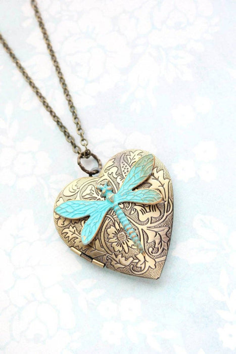A Pocket of Posies - Large Heart and Dragonfly Locket Necklace: 18 Inches