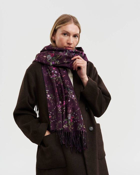 Fable England Eve Floral Burgundy Scarf | Long Fringed Floral Print Scarf