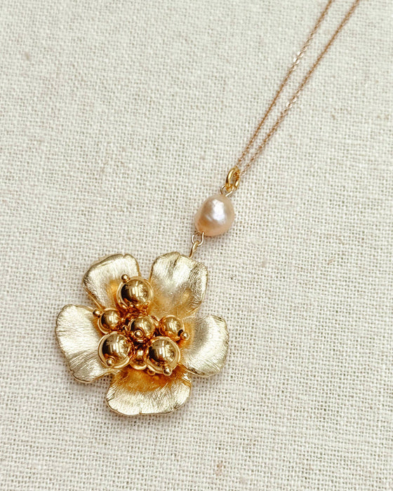 Gold Floral Pearl Statement Necklace – 16” Gold-Plated Chain with Freshwater Pearl Drop | Bold Romantic Jewelry, Bridal Statement Piece