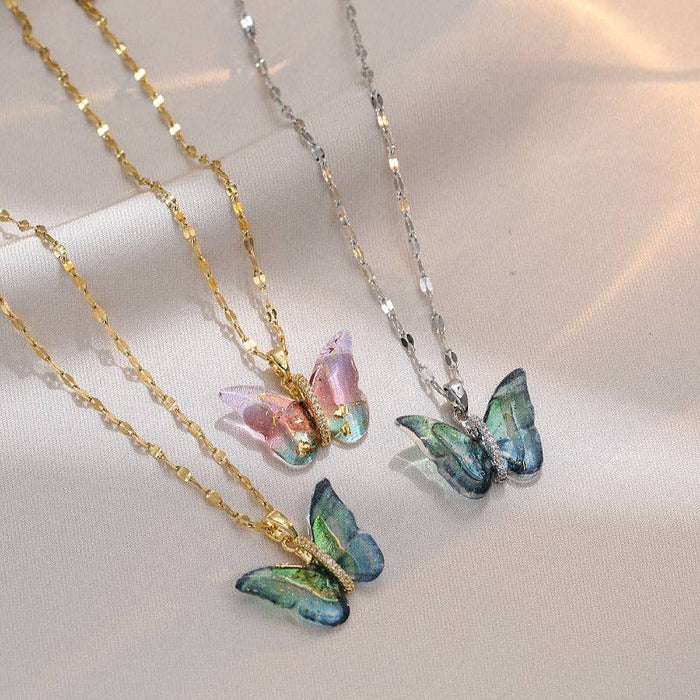 Perimade & Co. LLC - Colorful Butterfly Pendant Necklace in Stainless Steel: Gold/Pink