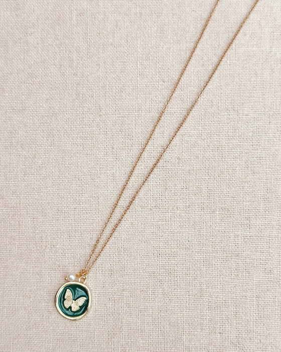 Gracie Rose Butterfly Enamel Necklace with Pearl | Romantic Gold Plated Pendant | Made in Vancouver Canada