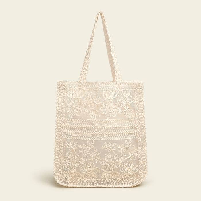 PEACH ACCESSORIES - Cream Embroidered Lace Summer Floral Tote Bag