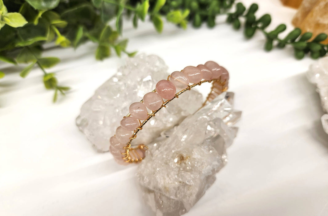 Meraki Gemstones - Rose Quartz Bangle/Cuff/Wire Wrapped -18kt. Gold Overlay: YELLOW GOLD