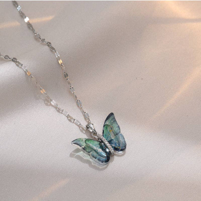 Perimade & Co. LLC - Colorful Butterfly Pendant Necklace in Stainless Steel: Gold/Pink