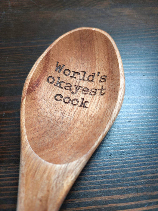 World’s Okayest Cook” Engraved Beech Wood Spoon | Funny Kitchen Gift for Home Cooks & Foodies