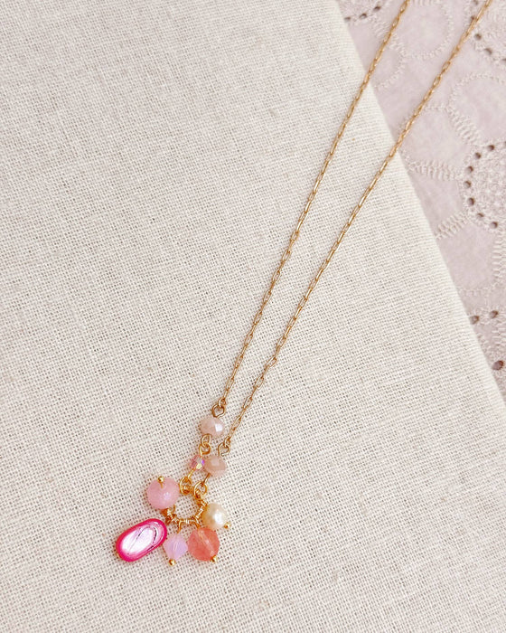 Gracie Rose Designs - Pink Mixed Stone Cluster Necklace with Gold Chain