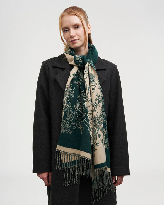 Fable England Midnight Garden Reversible Forest Green Scarf | Butterfly Jacquard
