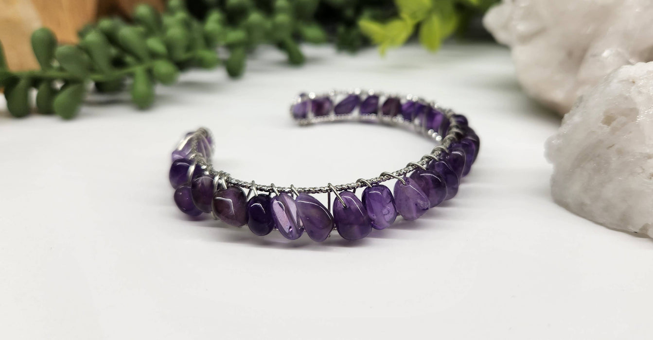 Meraki Gemstones - Amethyst Bangle/Cuff/Wire Wrapped Bracelet-18kt.Gold Overlay: YELLOW GOLD