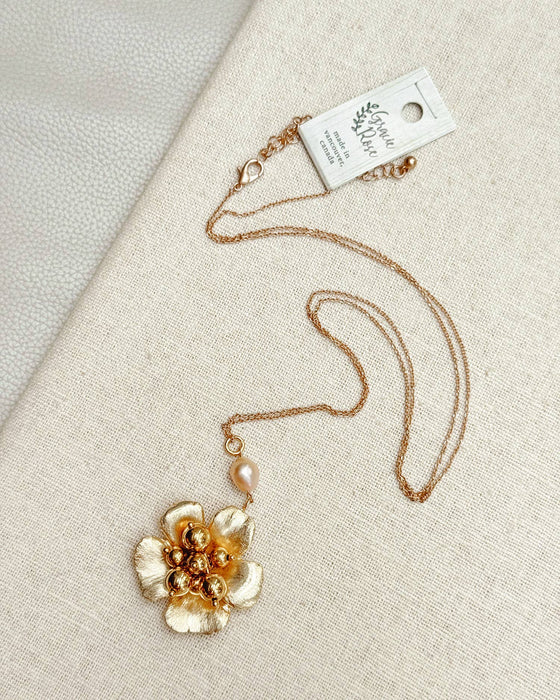 Gold Floral Pearl Statement Necklace – 16” Gold-Plated Chain with Freshwater Pearl Drop | Bold Romantic Jewelry, Bridal Statement Piece