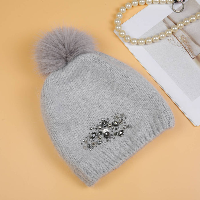 PEACH ACCESSORIES - Crystals Flowers Pompom Hat SD116: Silver