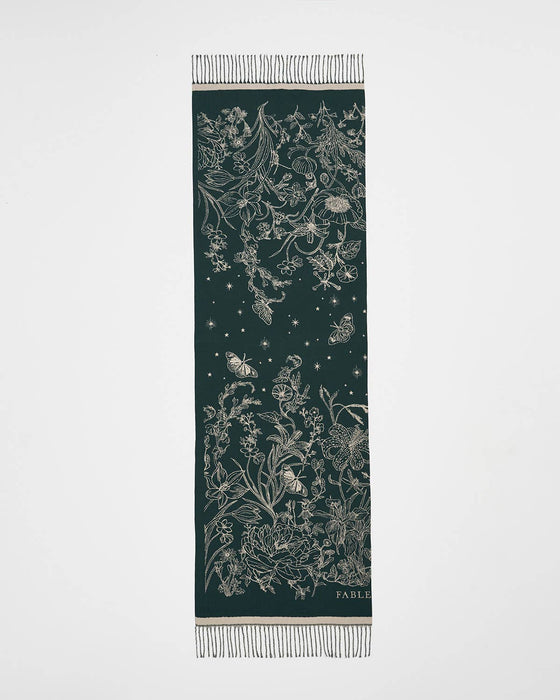 Fable England Midnight Garden Reversible Forest Green Scarf | Butterfly Jacquard