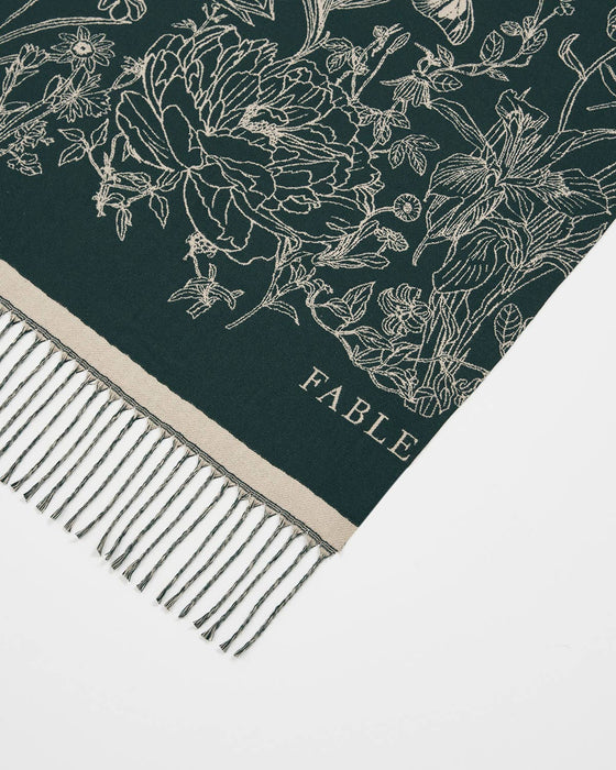 Fable England Midnight Garden Reversible Forest Green Scarf | Butterfly Jacquard