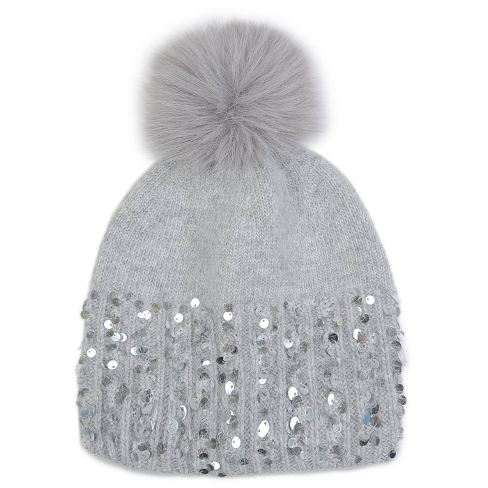 PEACH ACCESSORIES - Glam Glitter Cuff Winter Pompom Hat SD110: Silver