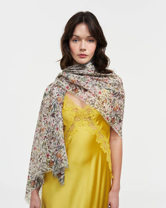 Luxury Cream Floral Scarf – Lightweight Long Garden Print Wrap with Fringe | Elegant UK-Inspired Fashion Accessory