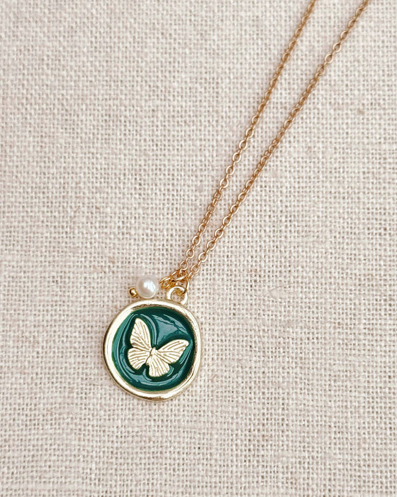 Gracie Rose Butterfly Enamel Necklace with Pearl | Romantic Gold Plated Pendant | Made in Vancouver Canada