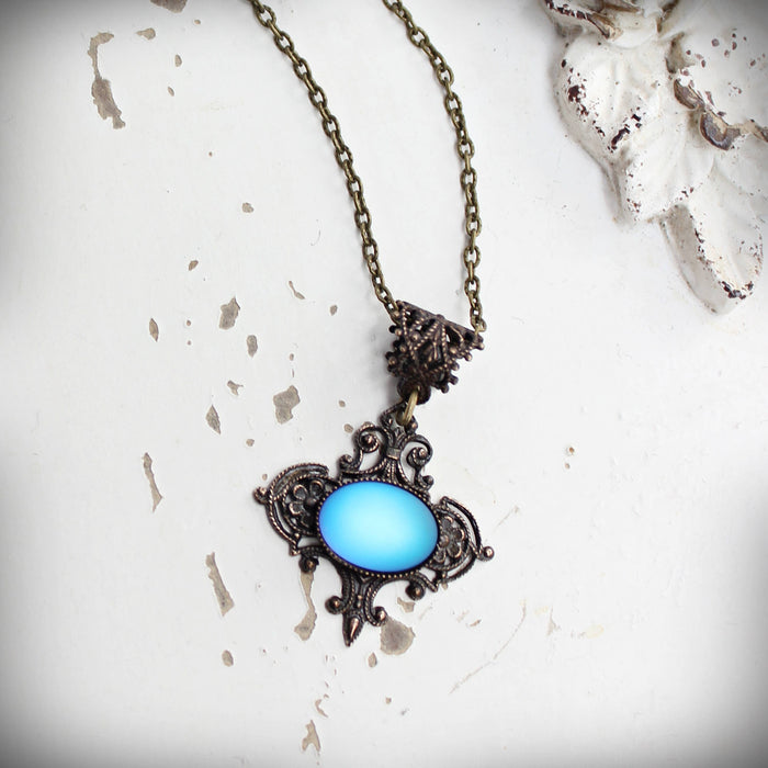 Circa 1890 - Lumina Frosted Blue Glass Filigree Necklace