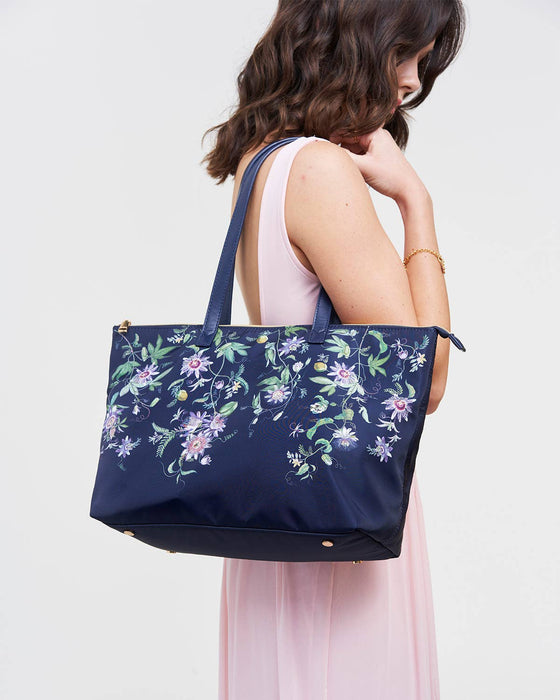 Navy Floral Grab Tote Bag – Passion Flower Print Shoulder Handbag with Zip Closure | Large Everyday Work & Travel Tote