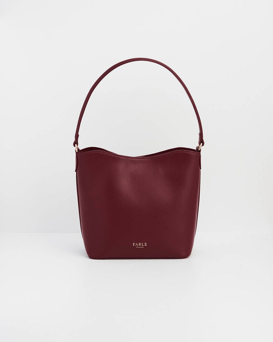 Fable England Burgundy Floral Faux Leather Bucket Bag | Margot