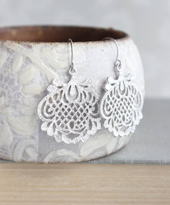 A Pocket of Posies - Hammered Filigree Earrings - Long and Short Styles: Silver Rhodium / Short Style