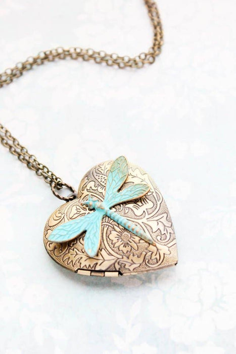 A Pocket of Posies - Large Heart and Dragonfly Locket Necklace: 18 Inches