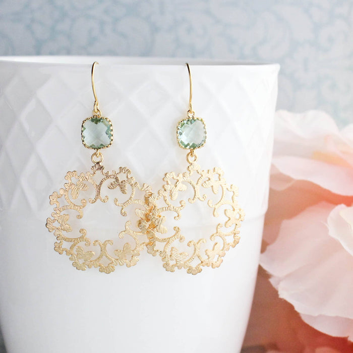 A Pocket of Posies - Gold Filigree and Aqua Glass Earrings