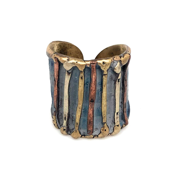 Anju Jewelry - Brass Patina Adjustable Cuff Ring - Blue With Vertical Bands