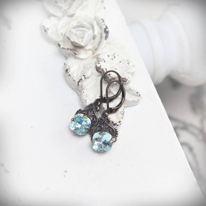 Circa 1890 - Cushion Cut Aqua Crystal Drop Earrings in Vintage Style
