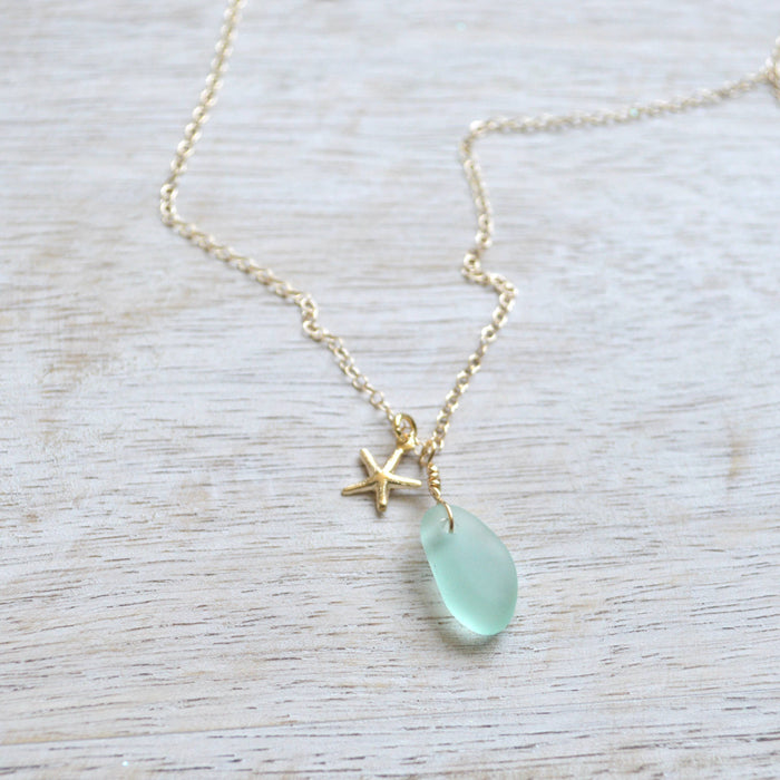 Salty But Sweet - Tiny Frosted Glass & Starfish Necklace in Gold