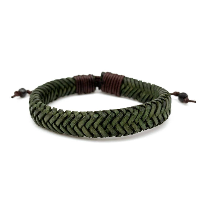 Anju Jewelry - Aadi Dark Green Braided Leather Pull Tie Men's Bracelet