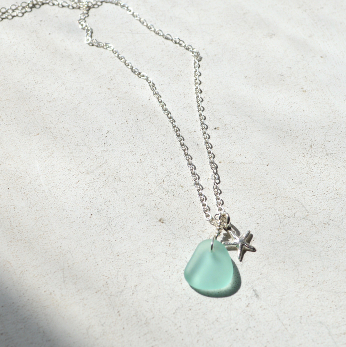 Salty But Sweet - Tiny Frosted Glass & Starfish Necklace Silver