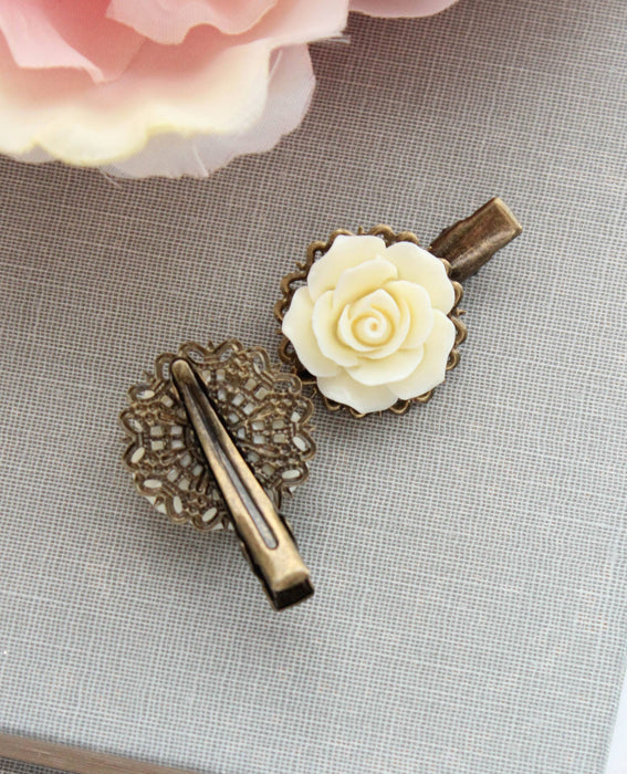 A Pocket of Posies - Cream Rose Hair Clips - Alligator Clips - Two Piece