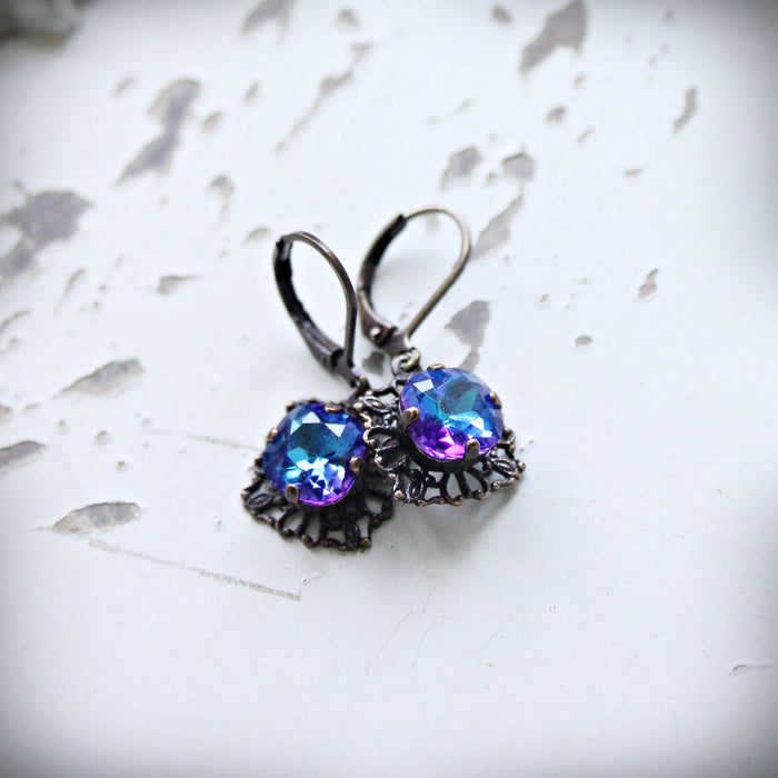 Circa 1890 - Deep Bermuda Blue Small Crystal Filigree Earrings