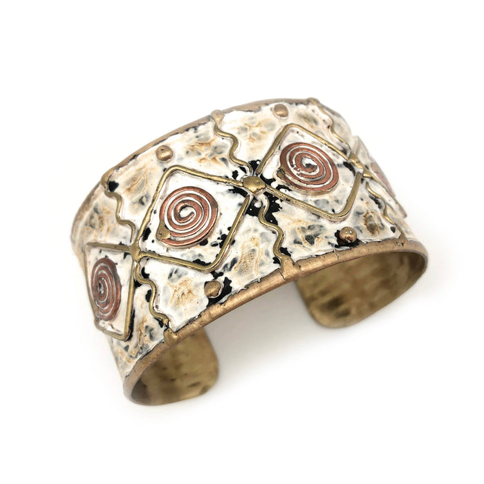 Anju Jewelry - Brass Patina Cuff Bracelet - White Diamond With Spiral